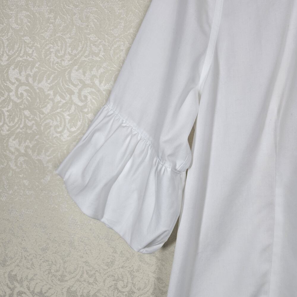 Chico’s No Iron Top Sz 2-L White Button Front Ruffle Sleeve Stretch Office Chic - Picture 5 of 12